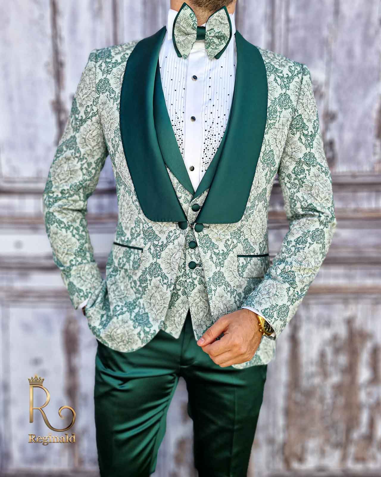 software Ambiguity Merchandising Costum verde de ceremonie Colectia 2021 ginere/mire,  Sacou-Vesta-Pantalon-Papion - C1743 - Costume de Barbati Online